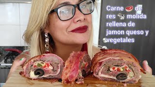 Carne de Res🐄 Molida Rellena de Queso 🧀 Jamón 🐖Vegetales,🧅 Espinaca 😂🌿 y Aceitunas🫒