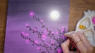 Acrylic Landscape Painting Tutorial: Moonlit Scene with Blossoming Trees Painting #painting