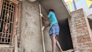 Front wall plastering work using strong concrete mix || Amazing sand and cement construction plaster