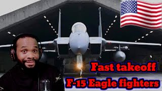 Fast takeoff of US Air Force F-15 Eagle fighters from an air base in Iceland (Reaction)