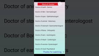 Types of Doctors/Doctor Names/Name of Specialist Doctors/Different kind of Doctors