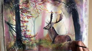 Watercolor Autumn Landscape, Forest Stag