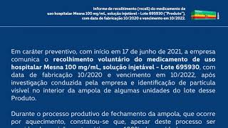 Aviso de recall | Mesna 100 mg/mL, solução injetável