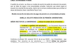 MODELO SOLICITUD REDUCCIÓN PENSIONES UNIVERSIDAD PRIVADA