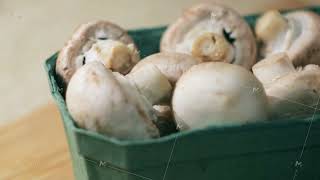 Close up of female hands putting a plastic box with mushrooms on a wooden table. Concept. Concept of