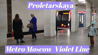 Proletarskaya, Moscow Metro, Violet Line - interior view, arrival and departure of the train Fr.6