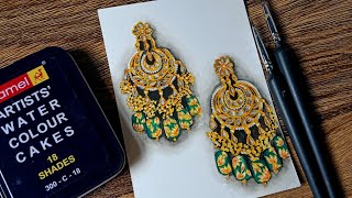 Meenakari Earrings Illustration using Watercolour cakes | Braided art