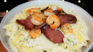 ASMR Shrimp & Sausage Alfredo | Pasta | Eating Sounds | No Talking