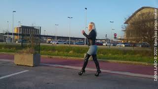 DANA LABO - SPRING CLOTHING, WALK, LEATHER JACKET, SHINY PVC BOOTS, OVERKNEE, HIGH HEELS, BLUE JEANS