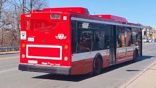 TTC Action: Line 2 shuttle buses pulling away from Warden Station during a weekend subway closure