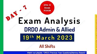 DRDO Admin Allied Exam Analysis | 19th March 2023 | All Shifts