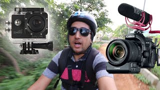 Cycling with Sjcam sj4000 wifi in Chest Belt Strap Mount - Canon 200d & Jobby Gorrillapod in Hand