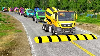 Double Flatbed Trailer Truck vs speed bumps|Busses vs speed bumps|Beamng Drive|BEAMNG4K#12