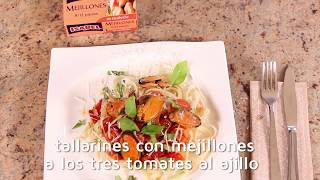 Tallarines a los tres tomates al ajillo con  mejillones en escabeche Isabel