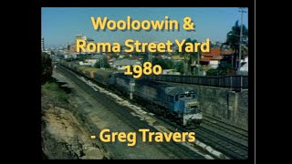 Australian Railways Queenlsand:  1550 class roar past at Wooloowin & Roma Street Yard in 1980.