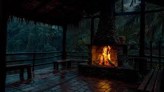 Relaxing on a balcony in the woods on a stormy night | Fireplace, rain and thunder