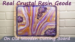 Watch Me Resin: Resin Geode on Cutting Board, Real Crystal Resin Geode, Amethyst, Resin Geode Art