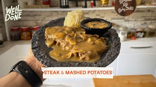 Juicy Steak covered in a creamy mushroom sauce with a side of mashed potatoes  🥩🥔