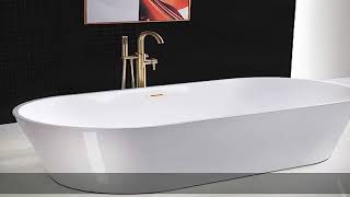 WOODBRIDGE 71" Acrylic Freestanding Bathtub Contemporary Soaking White Tub with Brushed Gold Overfl