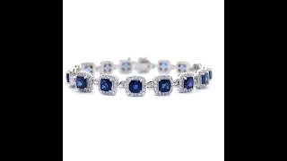 NEW! 13.75 Carat Blue Sapphire & Diamond Halo Tennis Bracelet in 14k White Gold