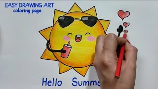 hello summer coloring page drawing | how to draw cute sun poster | summer season scenery drawing