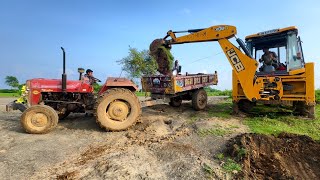 New Jcb 3dx Backhoe Machine Loading Red Mud in Massey Ferguson 241 Di and Sonalika Di 42 Rx Tractor