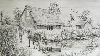 How To Draw Simple Village Scenery With Beautiful Neture Using Pencil