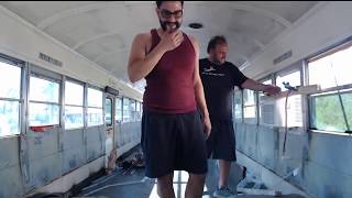 Step 2 Removing Rubber Floor Reveals Plywood Subfloor Nailed Down in School Bus Conversion