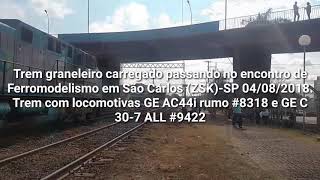 Trem graneleiro carregado passando no encontro de Ferromodelismo em São Carlos (ZSK)-SP 04/08/2018