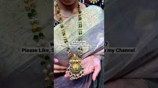 Long haram with Emerald Gold and pearl beads wuth big Lakshmi devi pendant grab#Collections#@MKF