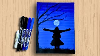 Easy moonlit night scenery with Doms Brush Pen /Easy drawing for beginners