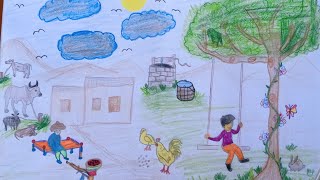 Village Life Drawing Easy Tutorial|| How to Draw Scenery of Rural Life||#village #villagelife