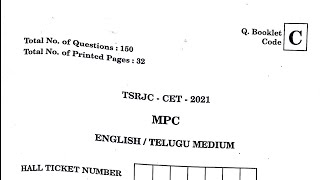 TSRJC CET 2021 MPC QUESTION PAPER (TELANGANA STATE RESIDENTIAL JUNIOR COLLEGE COMMON ENTRANCE TEST).