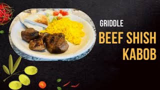 Griddle Beef Shish Kabob, Yellow Rice, Red, and White Sauce in 2 min