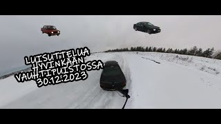 Luisuttelua jääradalla Hyvinkään vauhtipuistossa 30.12.2023, BMW, Opel, Volvo ja Lada