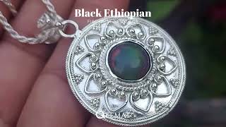 Black Ethiopian Fire Opal Necklace – Round Cut Silver Pendant