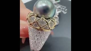 13-14mm Tahitian grey pearl ring in 18k & diamonds