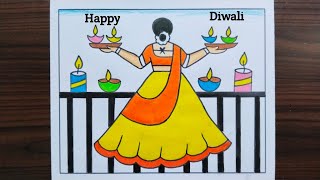 Diwali Drawing Easy Steps / Happy Diwali Drawing / Diwali Drawing / Traditional Girl Diwali Drawing