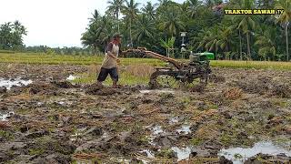 simbah mengoprasikan traktor sawah sangat gesit dan lincah dengan penuh semanagat