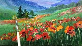 Sunset Poppy Field/ Easy Acrylic Painting Tutorial For Beginners Step By Step #438