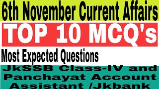 6th November Current Affairs|Daily Current Affairs|Current Affairs in English|MISSION JKSSB