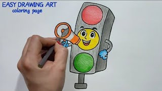 cute traffic light drawing & coloring page || kawaii traffic light || traffic rules learning drawing