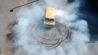 MASSIVE VAN BURNOUT FROM ABOVE. 1977 DODGE. YELLOW SUBMARINE! "MOONEYES"