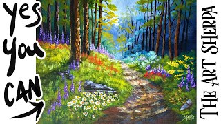 Floral Summer Forest path 🌟🎨 How to paint acrylics for beginners: Paint Night at Home