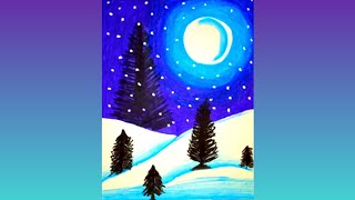 How to draw easy snow fall landscape/portrait||Winter night/Christmas drawing with oil pastel