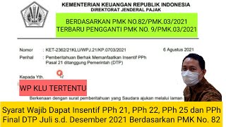 Syarat Wajib Dapat Insetif PPh 21,PPh22,PPh 25 & PPh Final DTP Juli s.d. Des 2021 Berdasarkan PMK 82