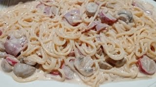 Sikreto ng creamy CARBONARA RECIPE WITH CHEESY HOTDOG AND SWEET HAM