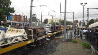 Freight train crossing tram tracks at Glenhuntly