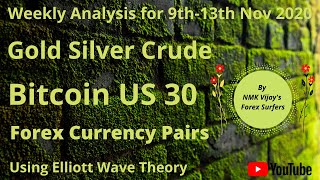 Gold Silver Crude Bitcoin US30 and FX Pairs Weekly Analysis for 9th -13th Nov 2020 Using ElliottWave