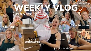 WEEKLY VLOG: 3 job interviews!!!, HUGE unboxing, grocery haul, new furniture, cooking my fav meals